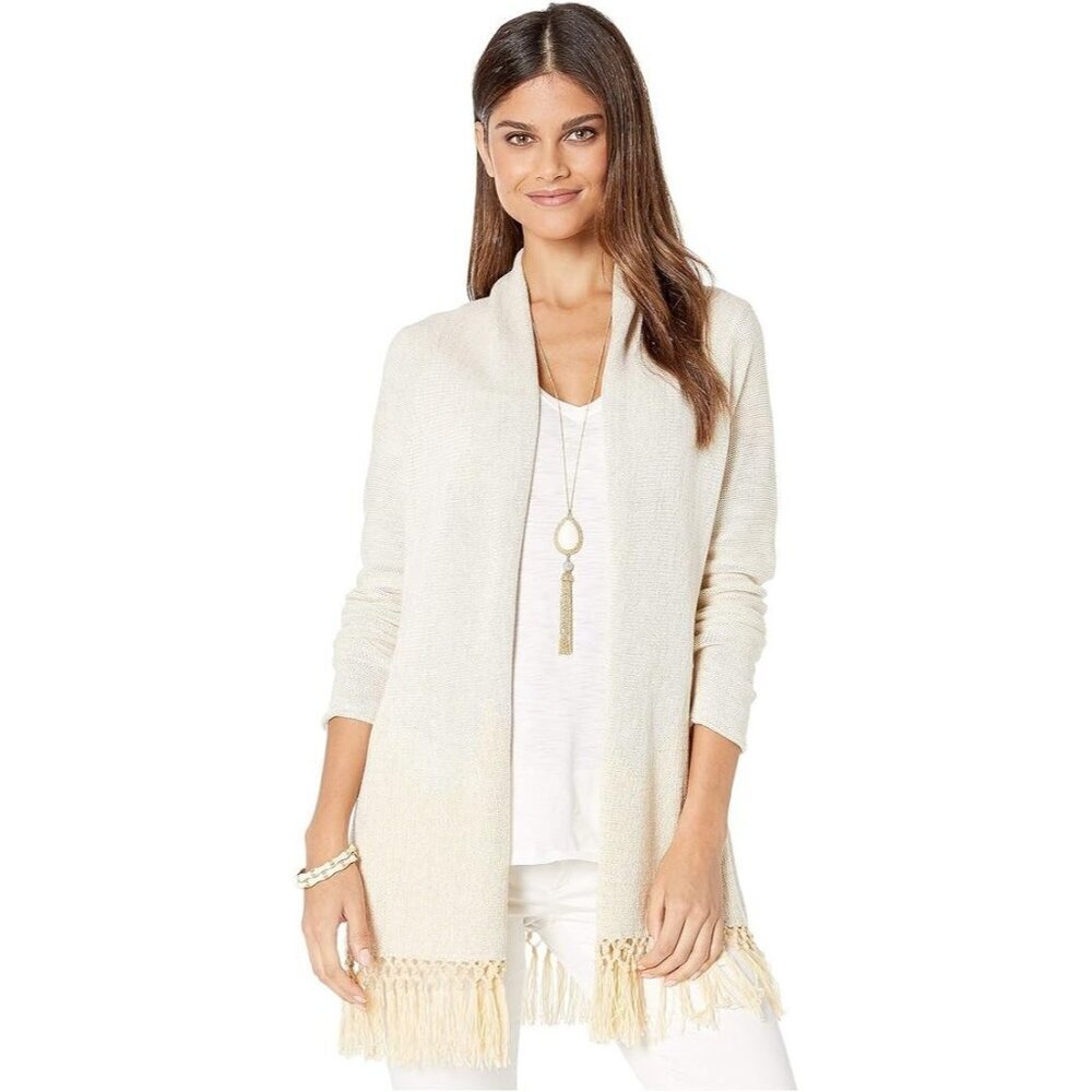 Lilly Pulitzer Tatum Long Fringe Cardigan Size L Resort White Open Front Cotton